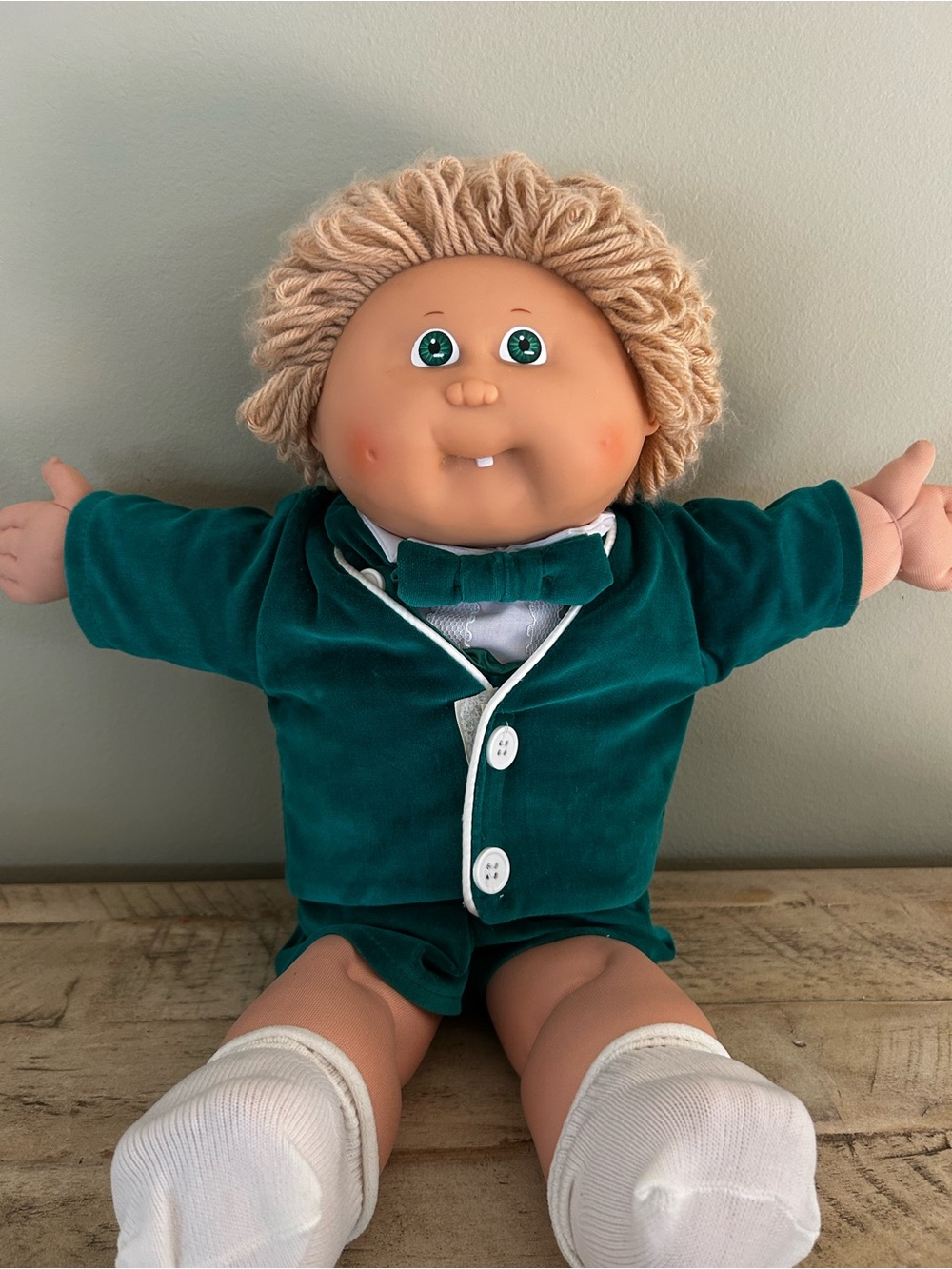 Vintage 1980s Cabbage Patch Kids Boy Doll in Green Velvet Tuxedo Suit